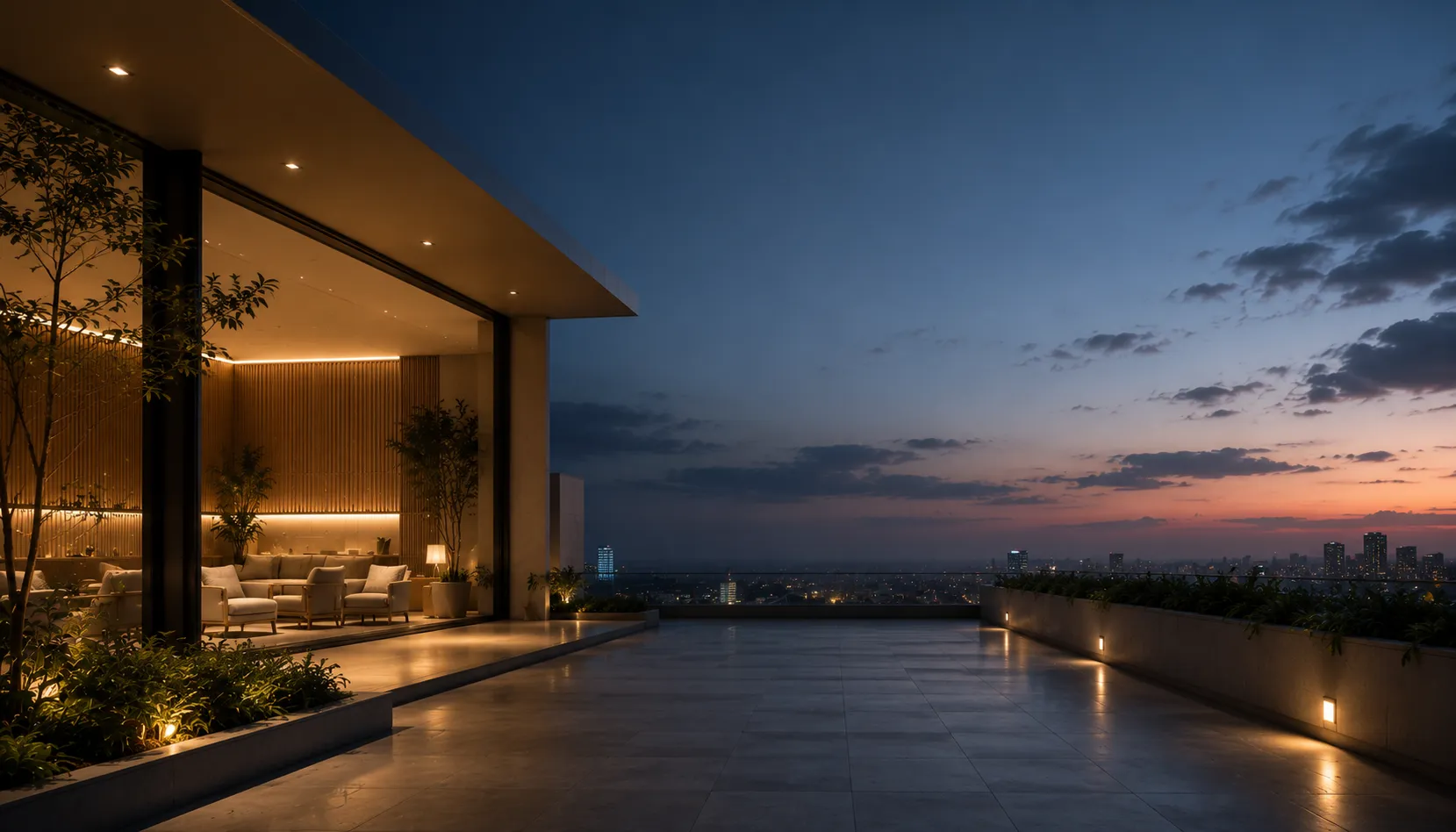 Rooftop terrace with city skyline view at dusk