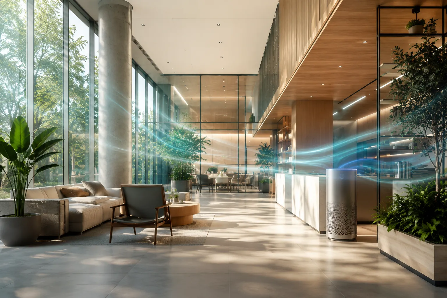 Premium lobby interior with natural wood tones and indoor plants