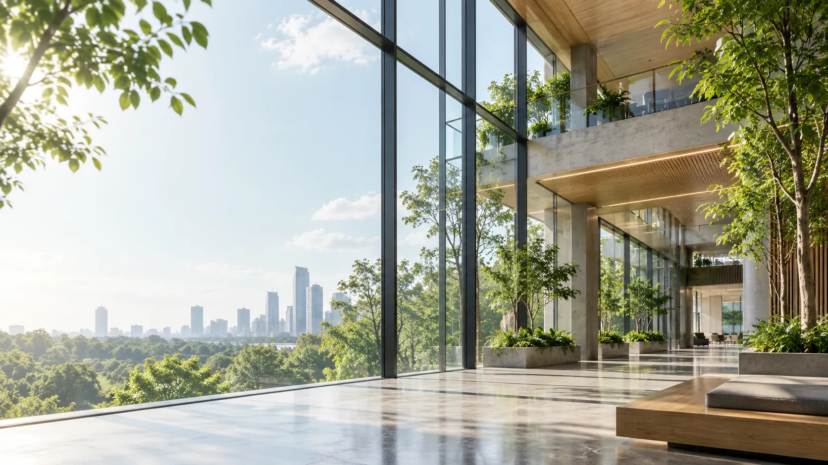 Modern residential balcony with lush green vertical plants and glass railings